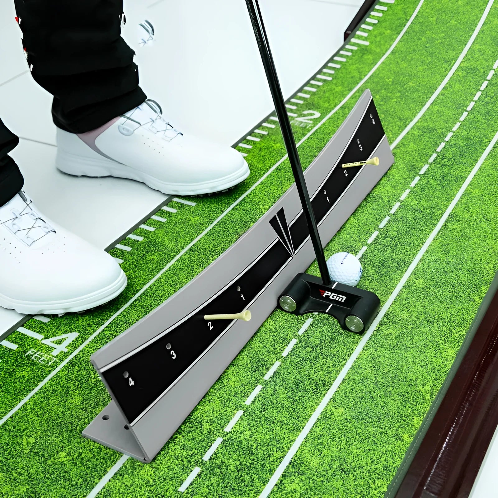 Adjustable golf putting swing balance trainer made from white PVC.