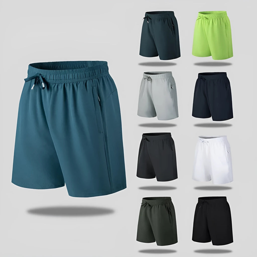 Men's loose-fitting quick-dry ice silk sports shorts on a summer background.