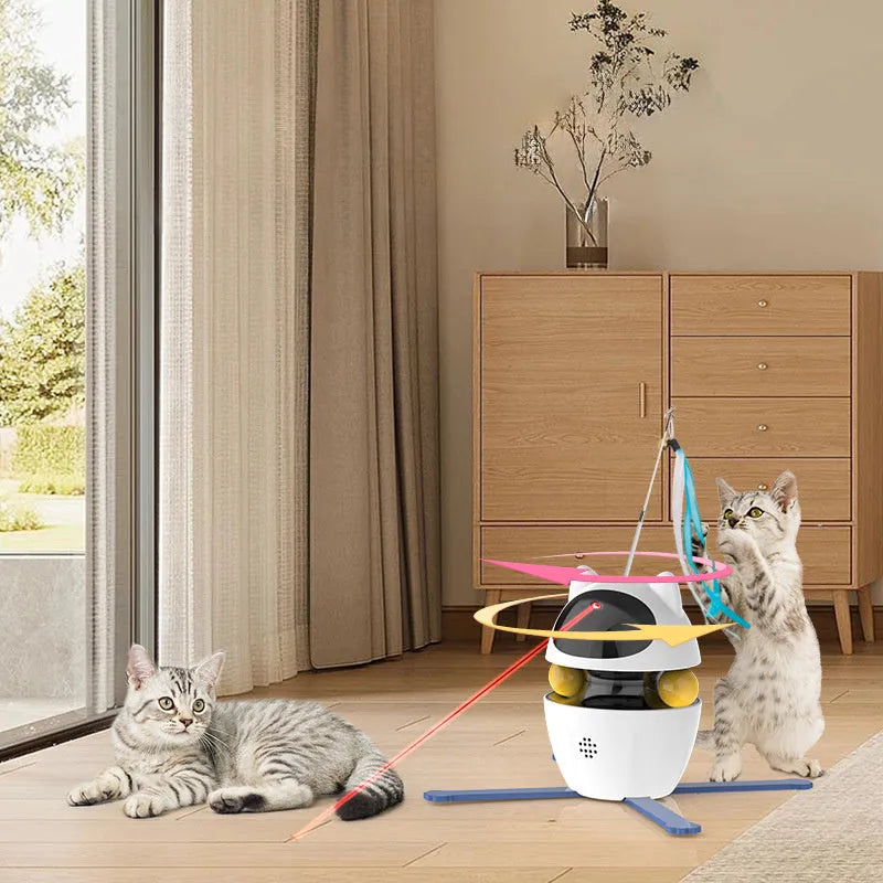 White automatic electronic cat toy with a moving wand, elastic rope, and dangling feathers on a floor.