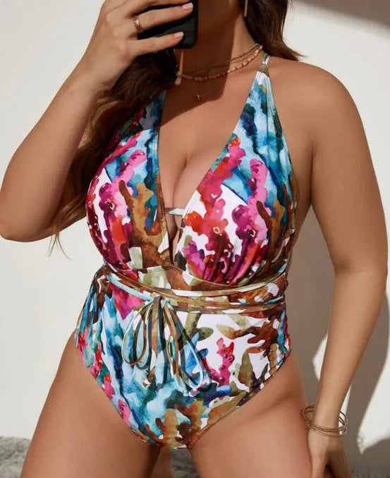 Solid colour one-piece halter bikini swimsuit for women in purple or blue options