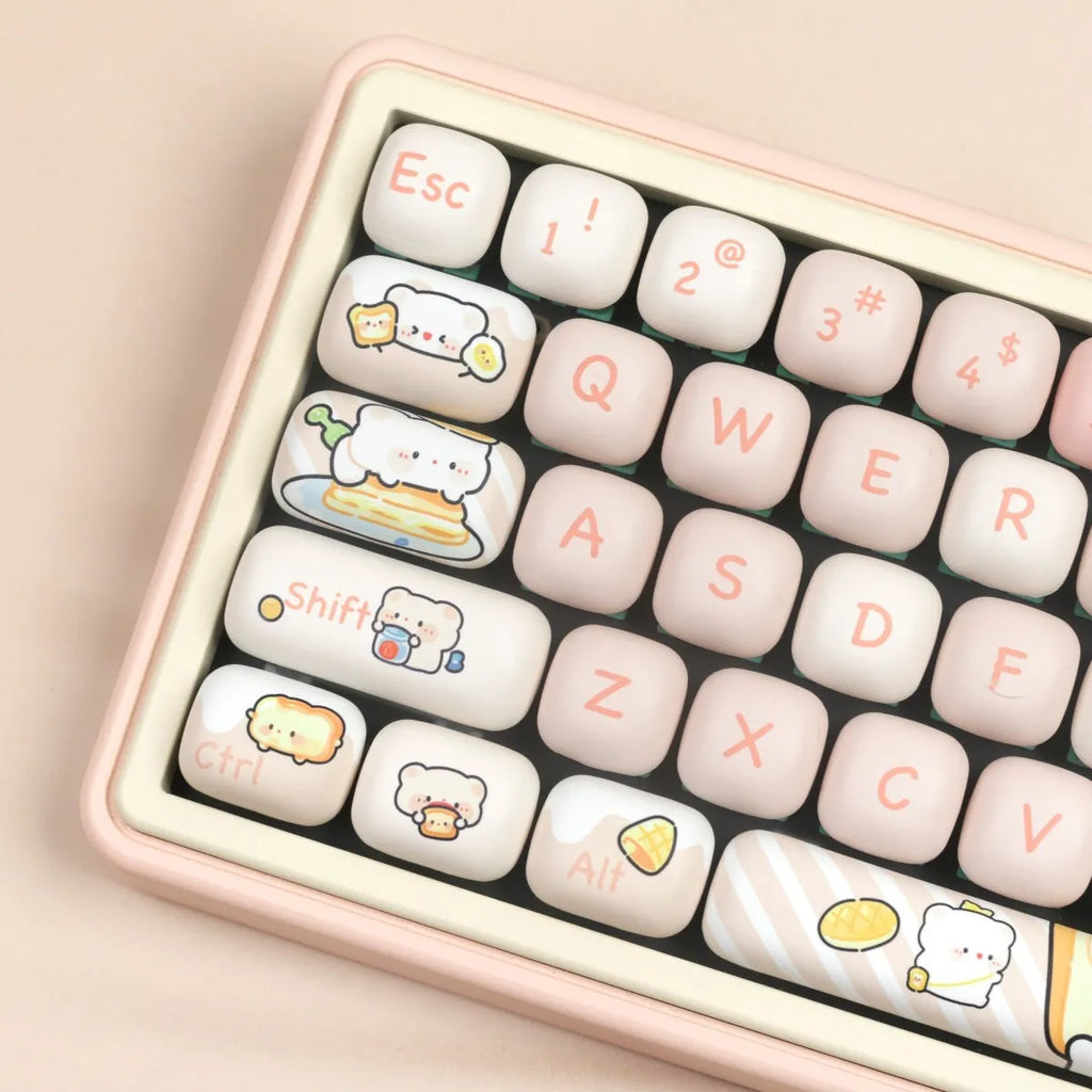 Complete PBT key cap set with bread bear design for mechanical keyboards