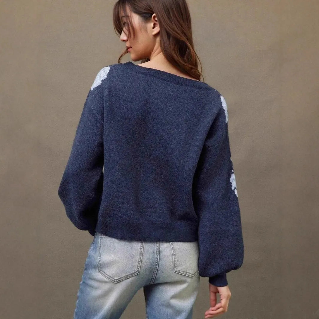Sapphire Blue women's pullover with flower jacquard pattern, loose casual style with regular sleeves