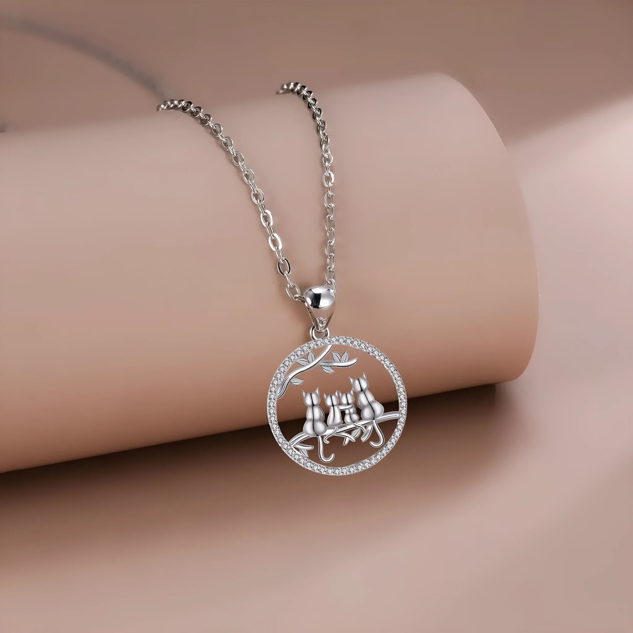 Women's copper necklace with four kitten pendant on cross chain, electroplated finish