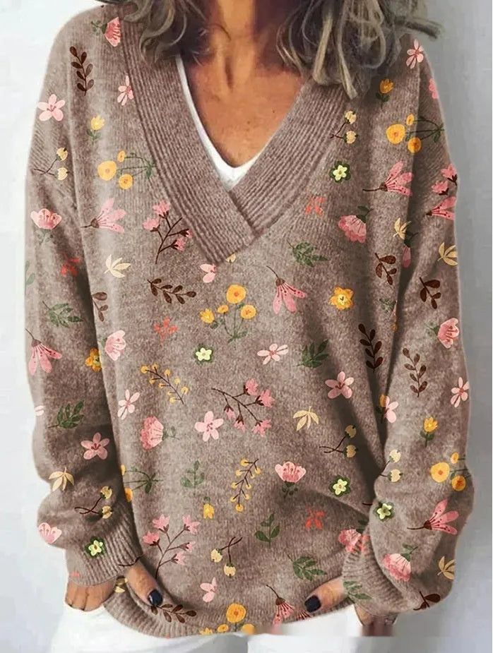 Women's V-neck sweatshirt with 3D floral pattern print in art retro style