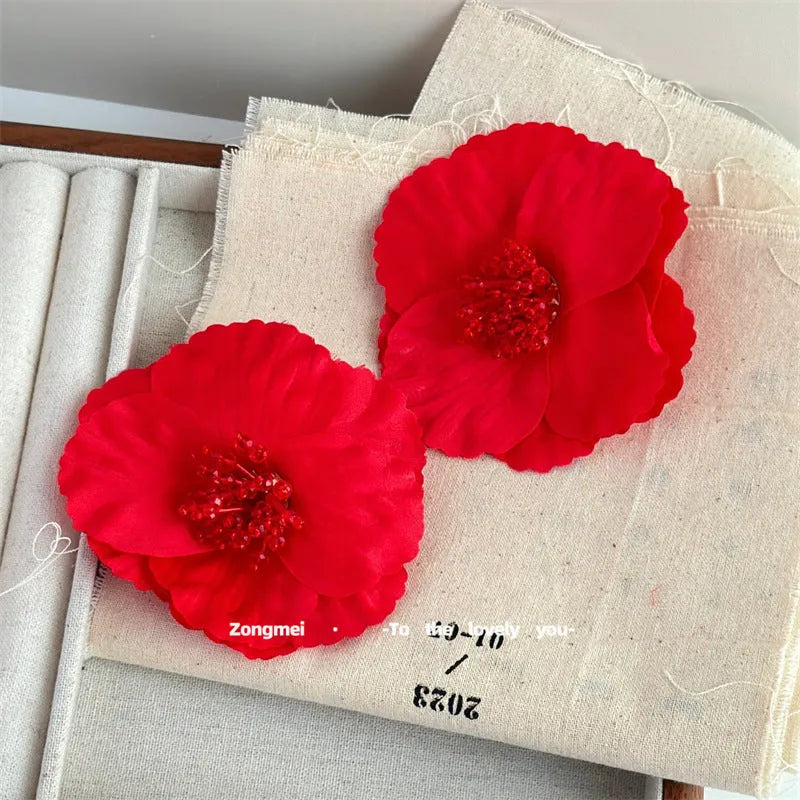 Handmade earrings exaggerated flower shape red steel needle European style women
