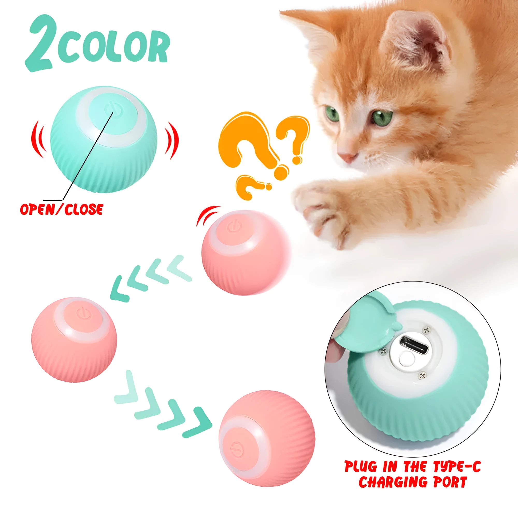Green or pink 43mm automatic rolling ball cat toy with intelligent obstacle avoidance on a hard floor