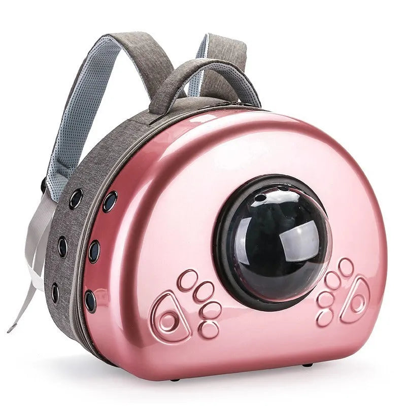 Transparent space capsule cat carrier with removable metallic front cover in pet bag design