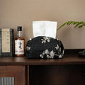 Chinese brocade fabric tissue box with embroidery white plum pattern, approx 17x6.5x10cm