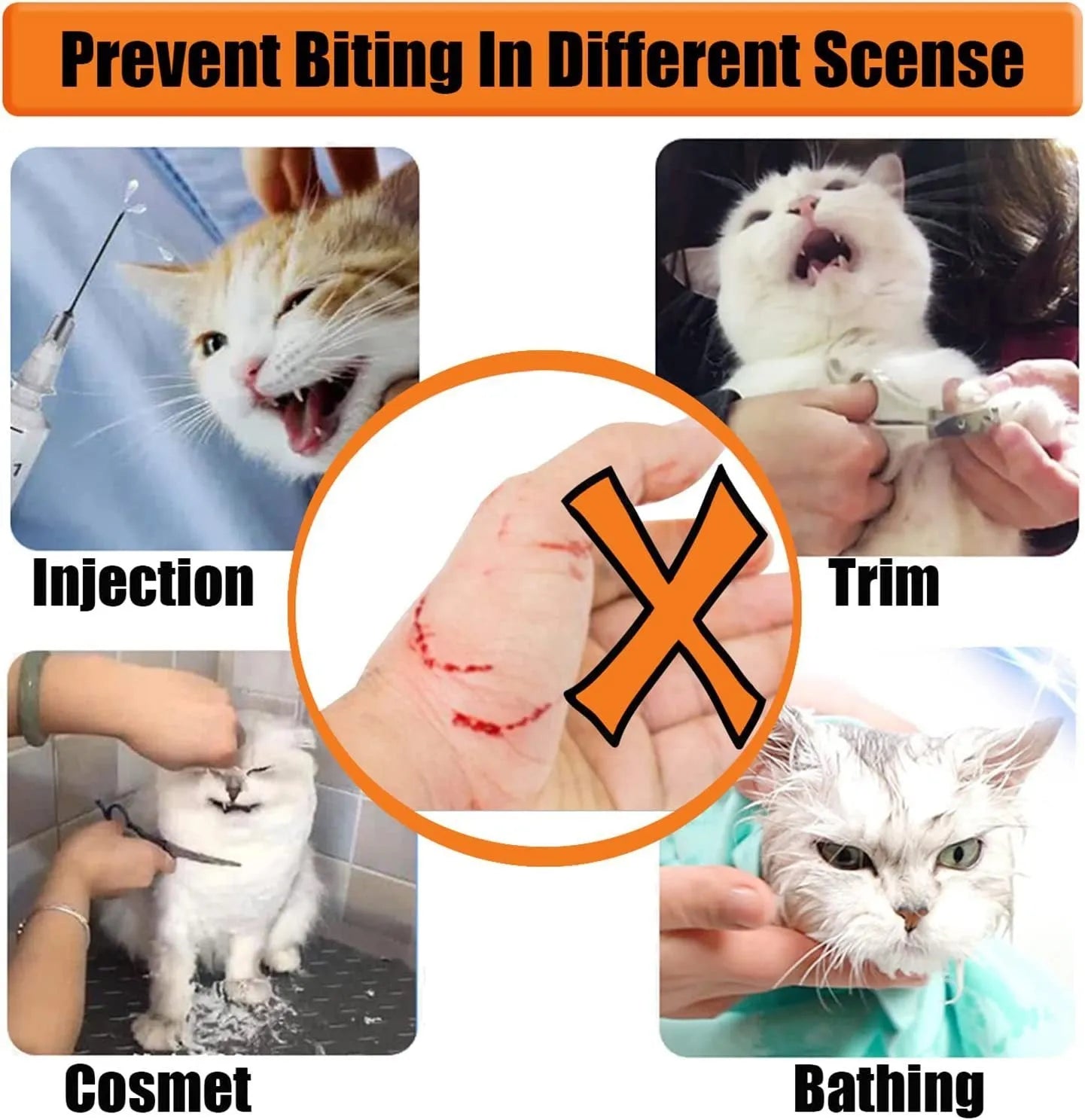 Clear PVC and cotton cat muzzle mask with central breathing hole shown on S and M sizes.