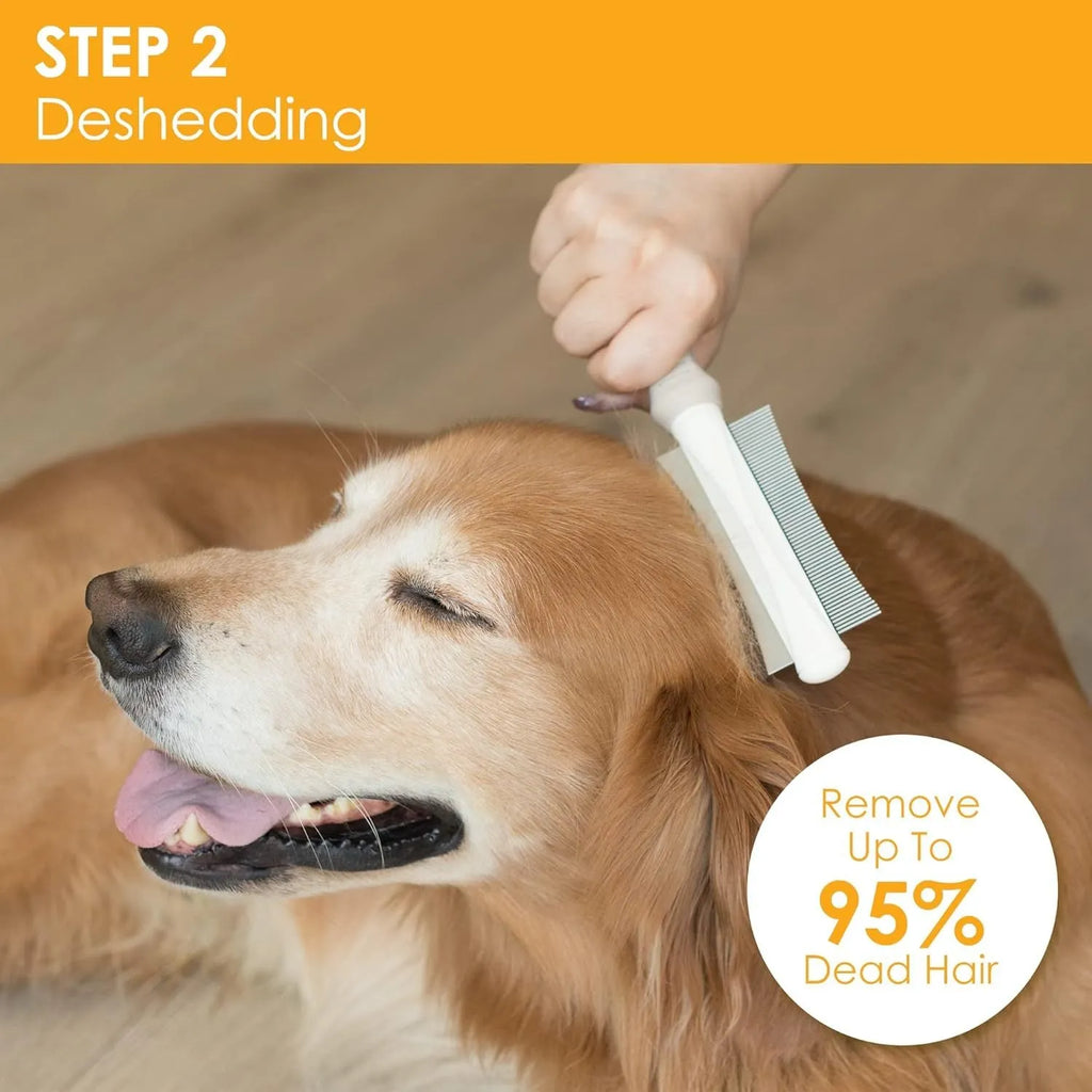 White double-sided pet grooming brush showing comb and deshedding sides, measuring 230mm