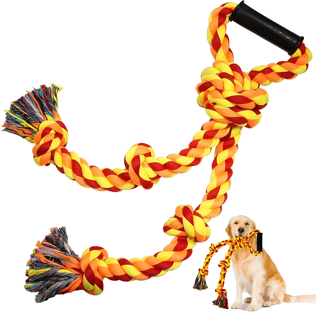 Blue and yellow dog rope toy with ergonomic handle for large breed aggressive chewers