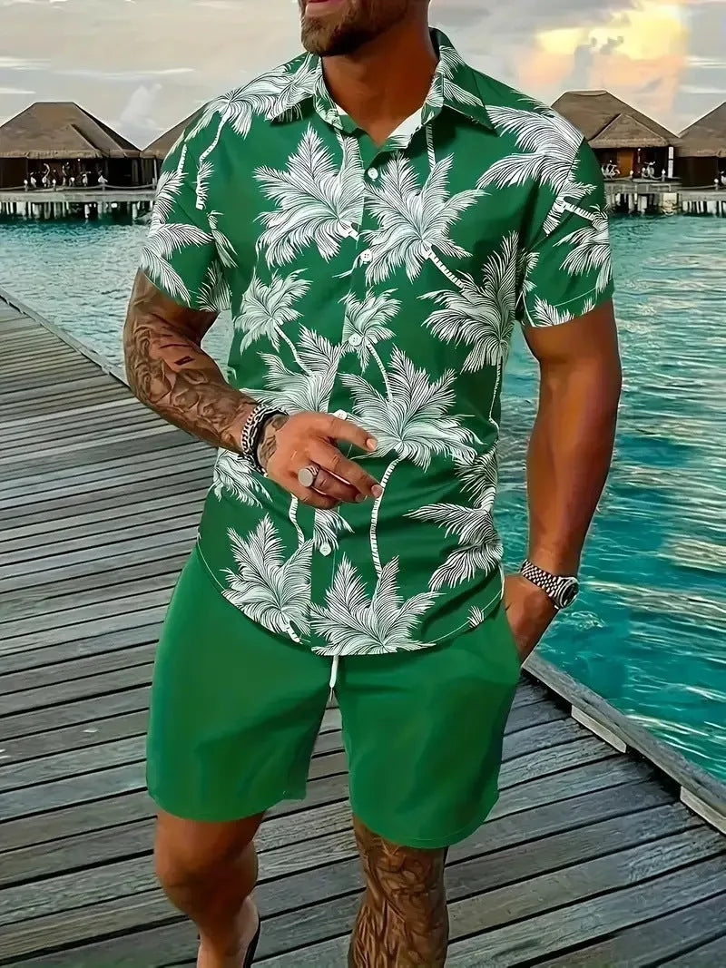 Man wearing a blue Hawaii pattern short sleeve top and matching shorts from a 3D printed suit set