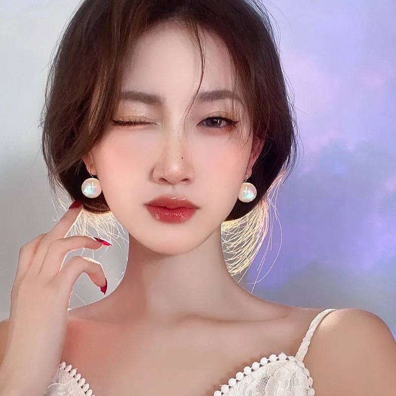 Colourful mermaid pearl electroplated clip earrings with geometric circular Korean style design