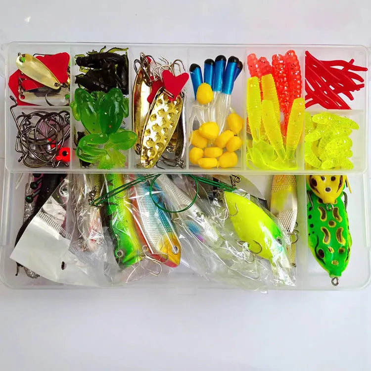 Fishing lure kit containing 142 pieces with hard minnow lures, sequins, fishhooks and fishing pliers