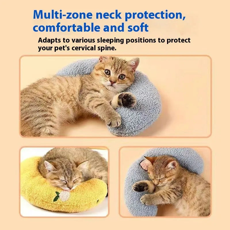 Blue cloth cat sleeping mat with a large U-shaped question mark pillow for neck support.