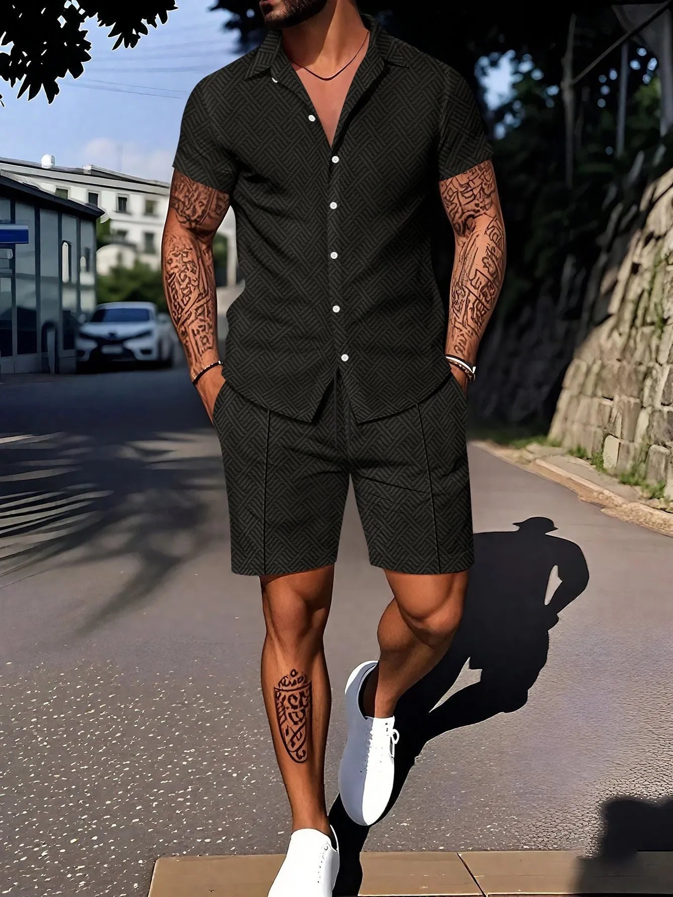 Men's casual short sleeve suit set with digital print design, showing top and shorts in a light colour.