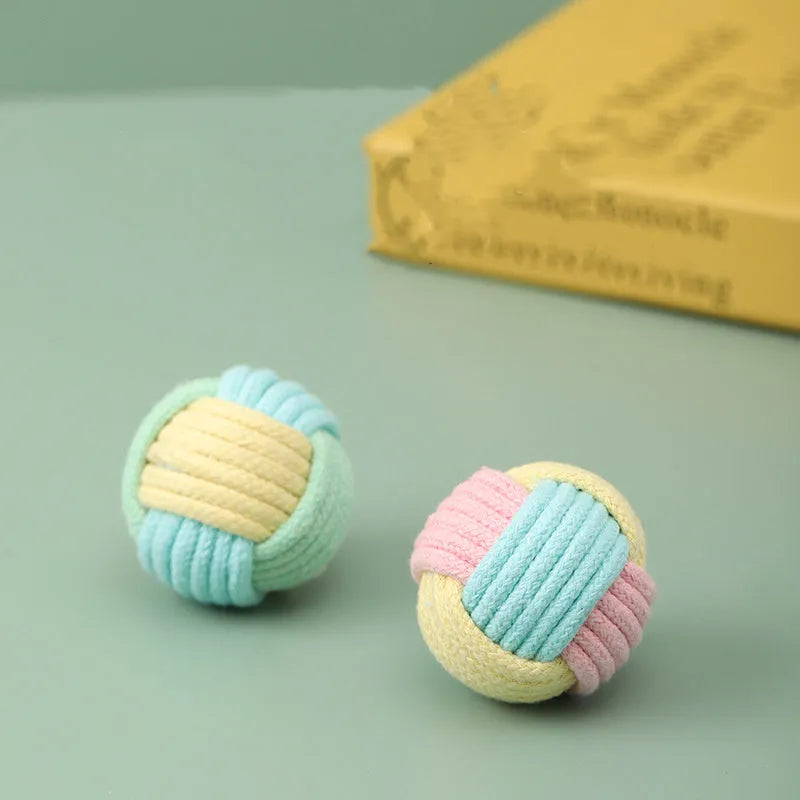 Handmade cat toy with hair ball and plush cotton ball measuring 5cm in blue powder colour