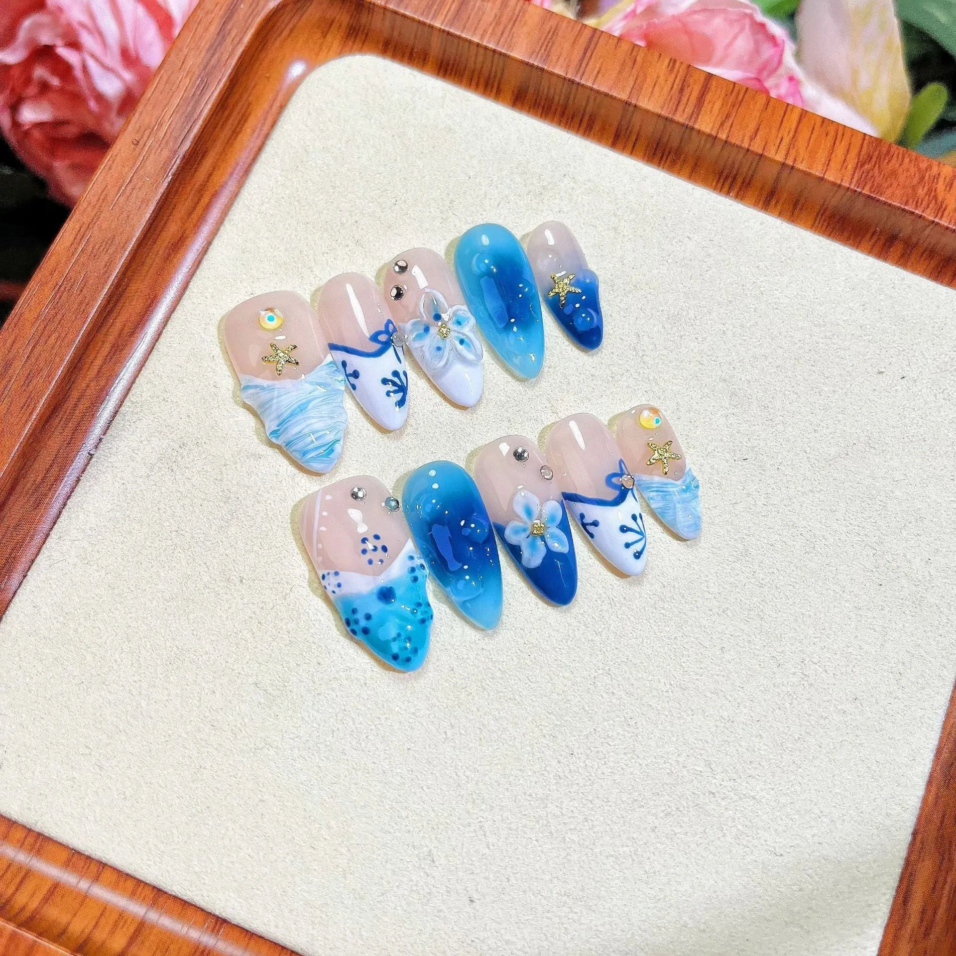 Blue hand-painted carved summer ice transparent wear fake nails in plastic material