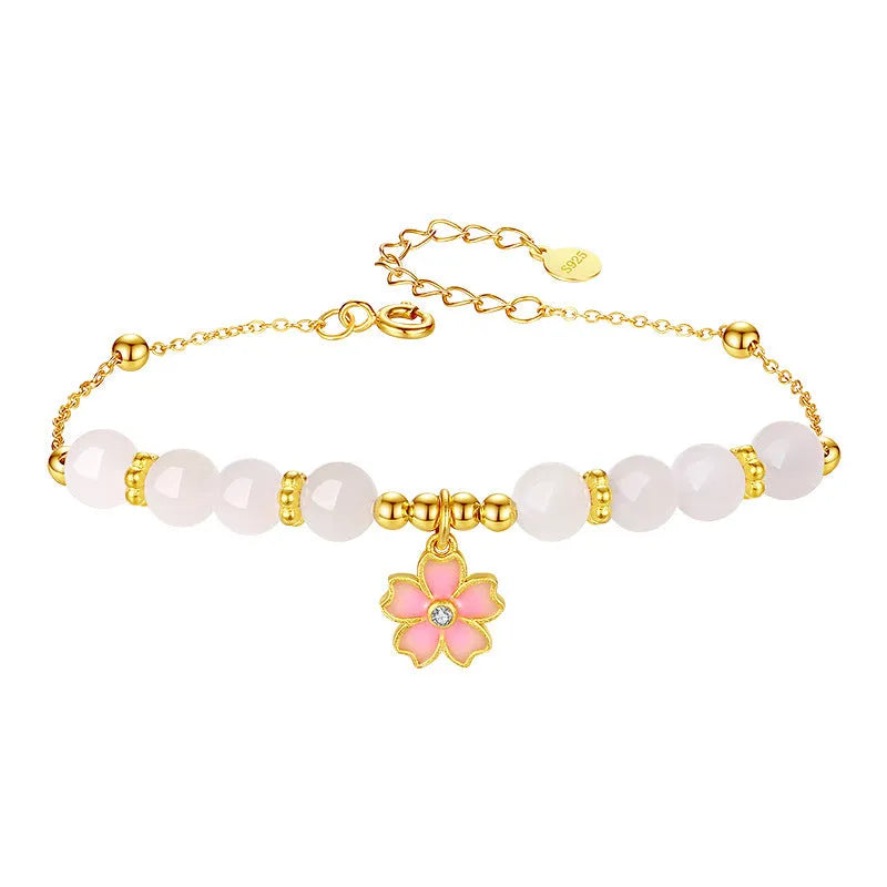 S925 silver cherry blossom pendant on Hetian jade beaded bracelet for women