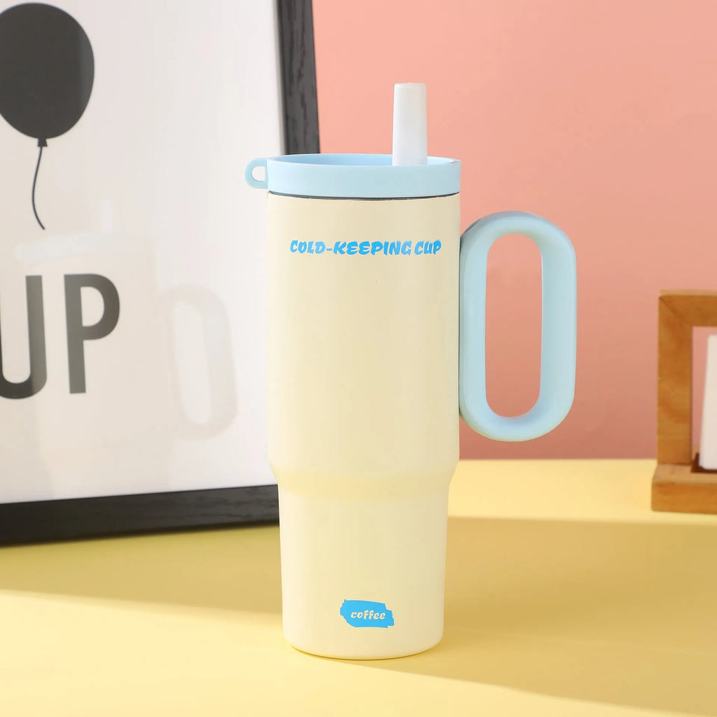 Large insulated straw cup with handle in multiple colour options