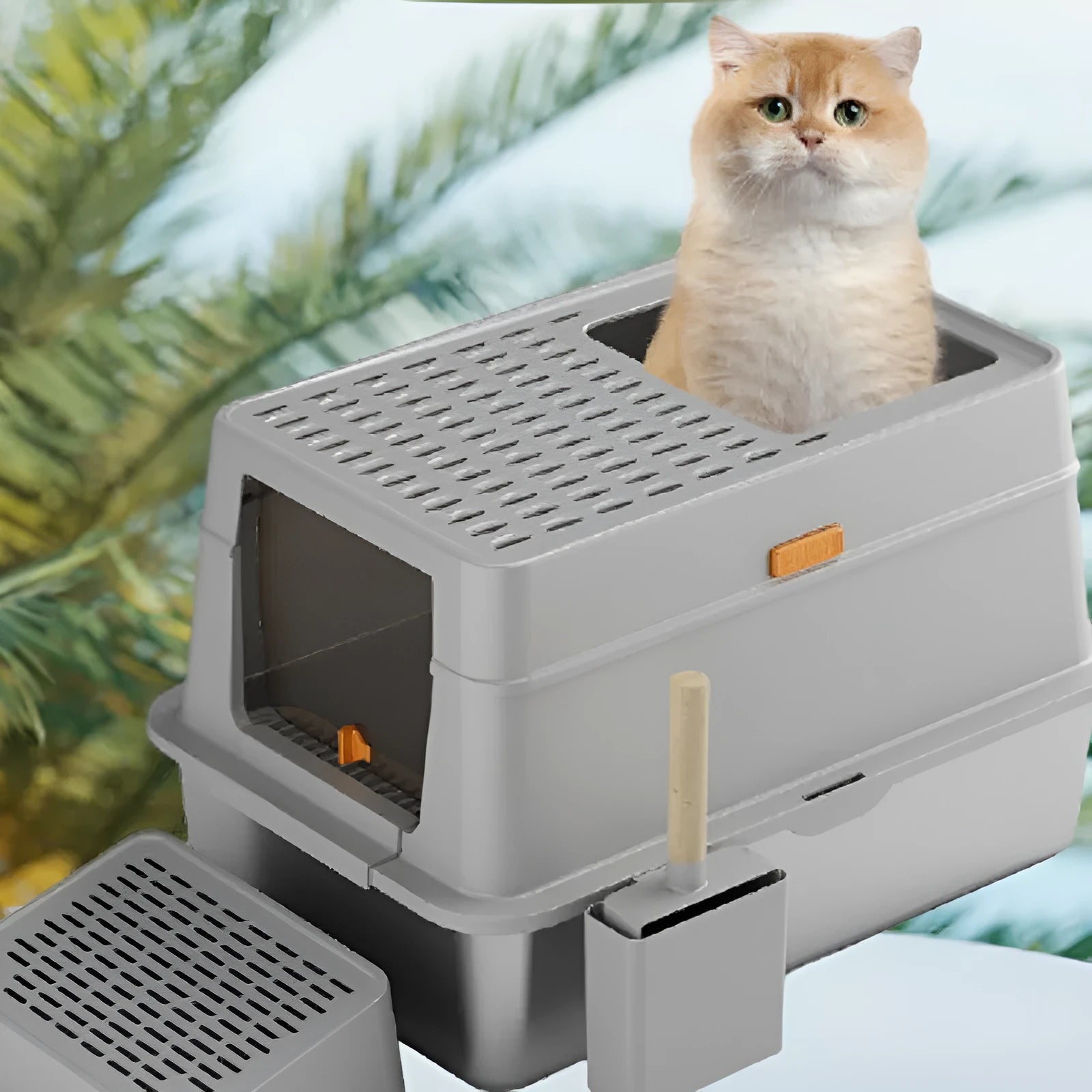 Grey large enclosed cat litter box with pedal lid made from ABS plastic and stainless steel.