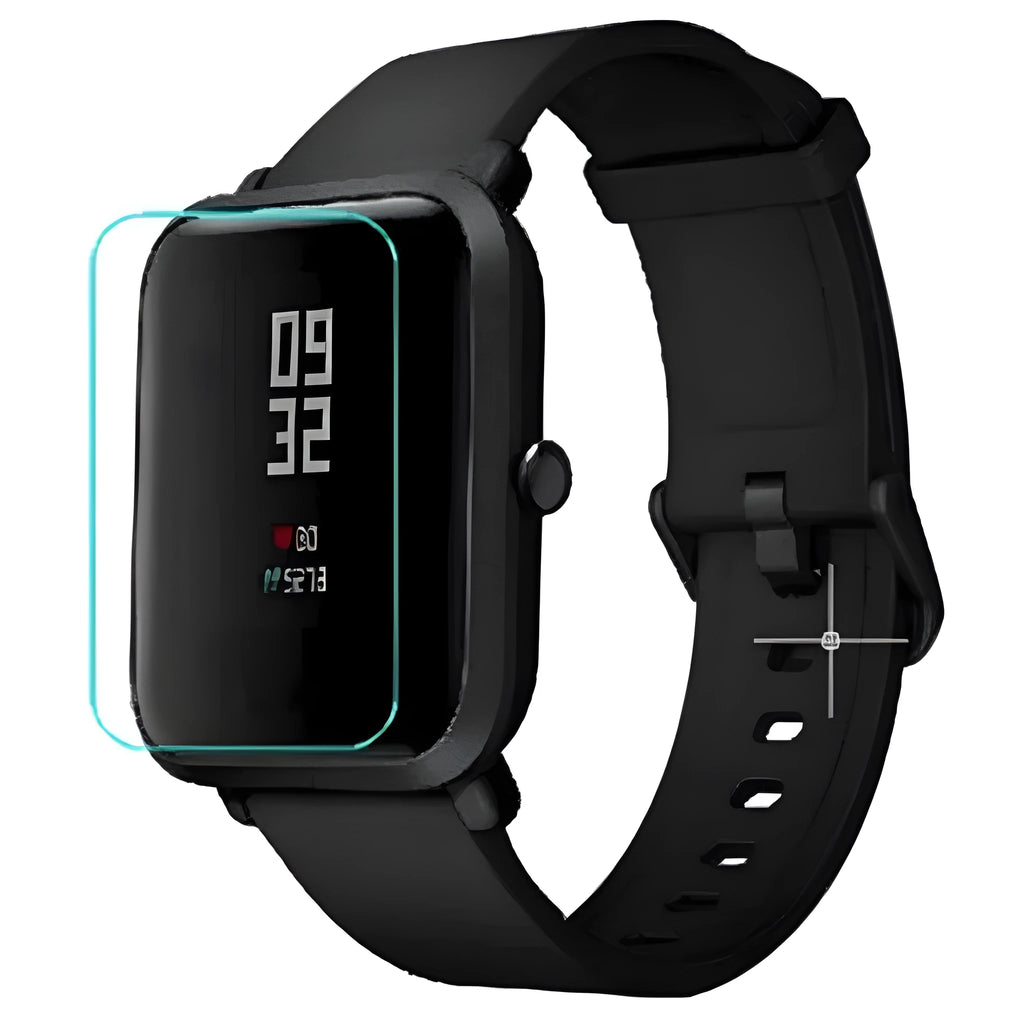 Amazfit Bip smartwatch with clear TPU hydrogel screen protector applied, showing full coverage and easy-tear backing.