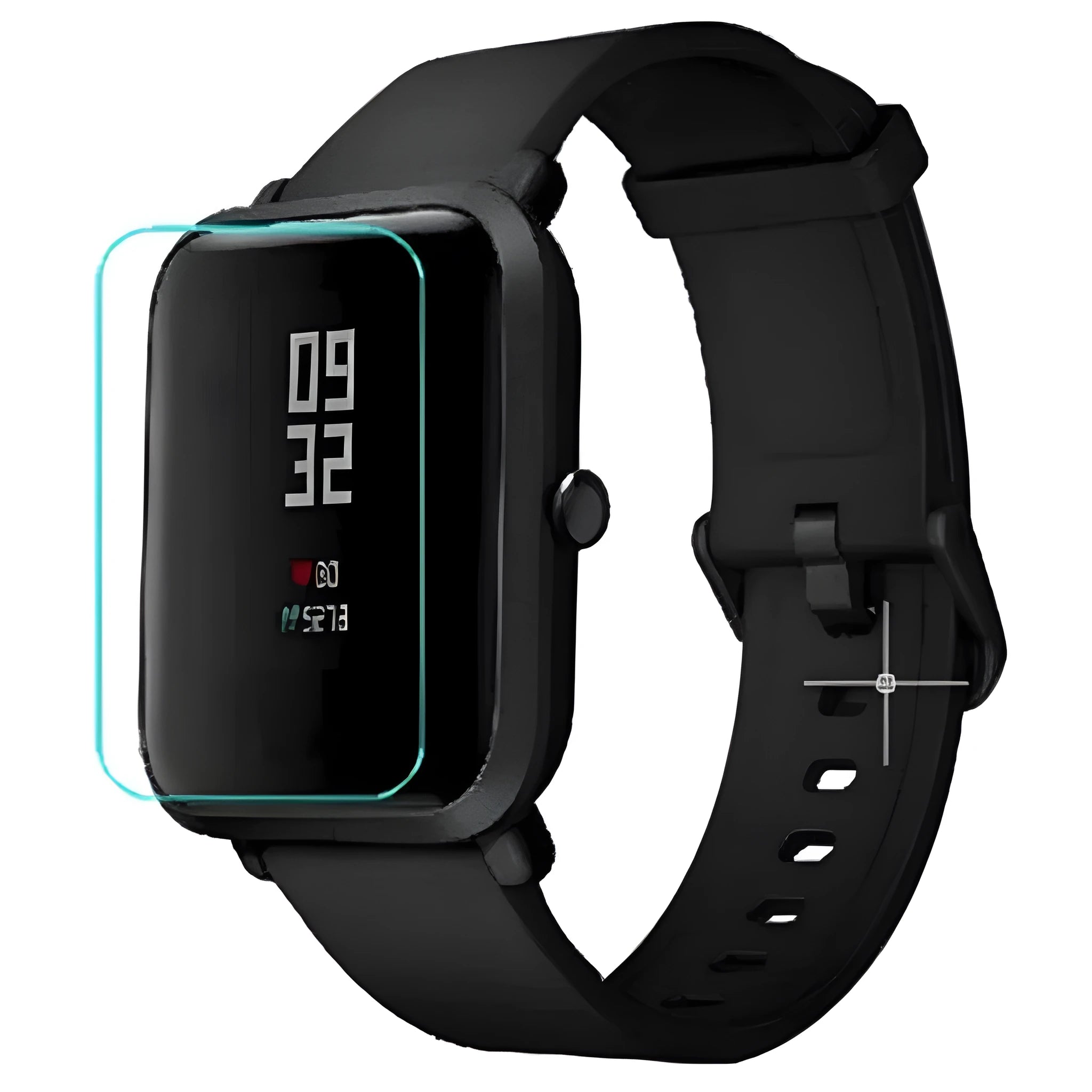 Amazfit Bip smartwatch with clear TPU hydrogel screen protector applied, showing full coverage and easy-tear backing.