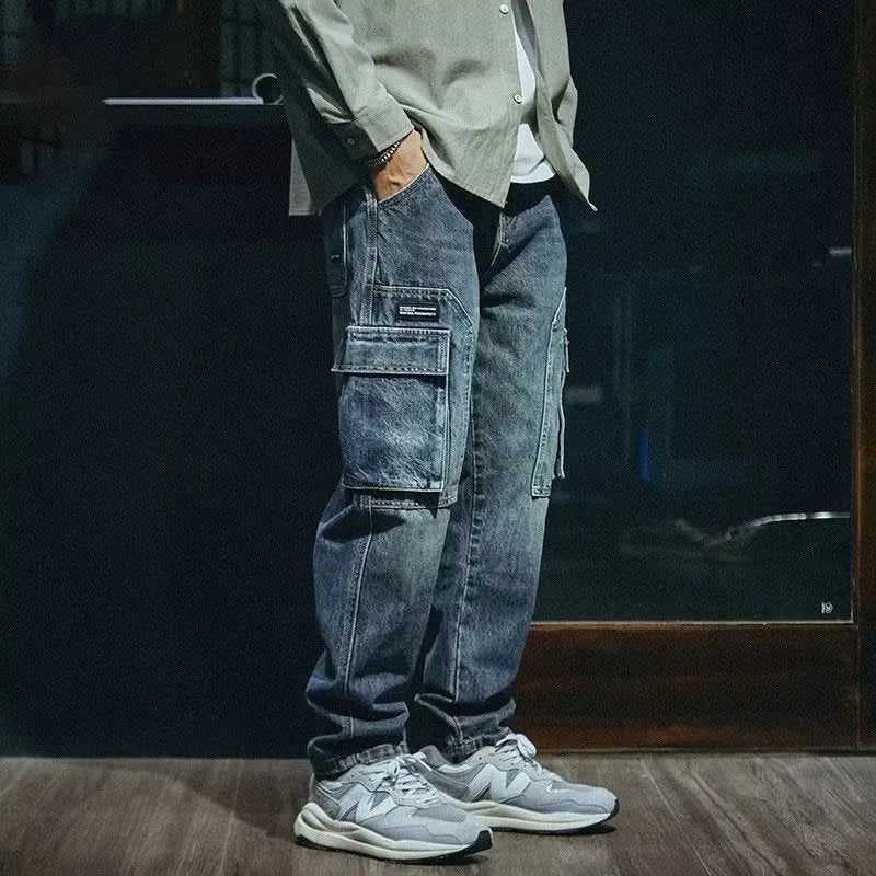 Men's blue loose straight-leg retro stretch denim trousers with zip fly placket