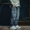 Men's blue loose straight-leg retro stretch denim trousers with zip fly placket