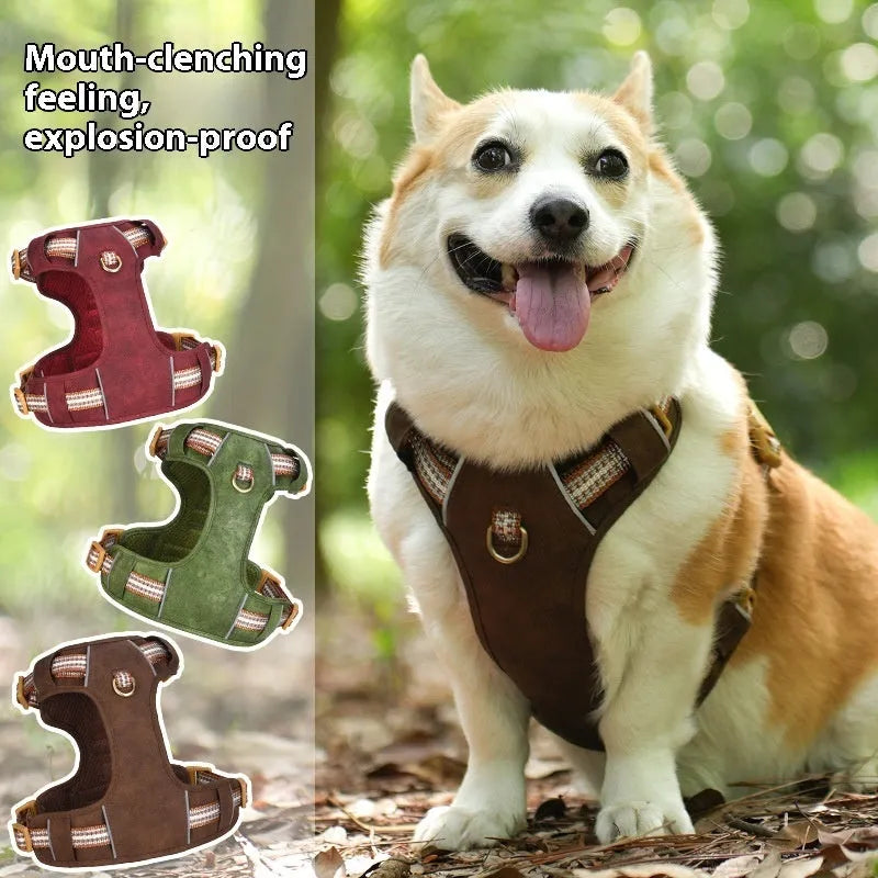 Retro-style brown leather pet harness with reflective strips on a dog.