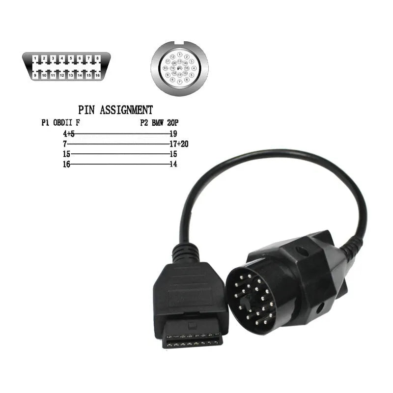 OBD2 adapter cable with a BMW 20-pin connector and a standard 16-pin OBD2 socket