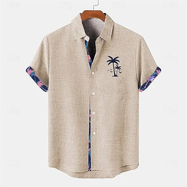 Casual linen short sleeve shirt with ocean fish pattern lapel in loose fit design