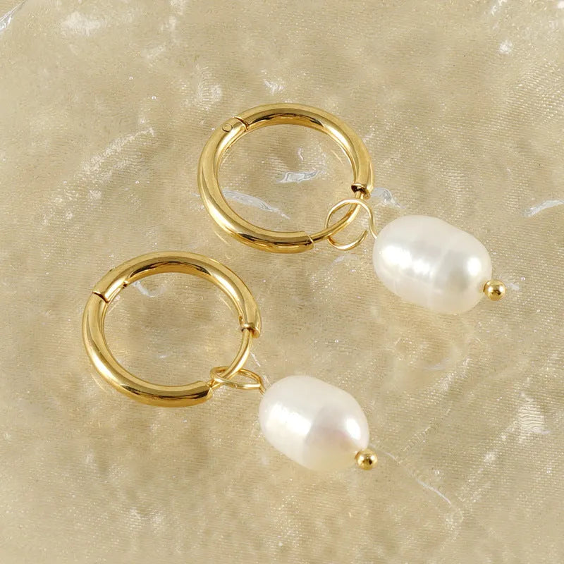 Gold geometric earrings with freshwater pearls on titanium steel posts for women