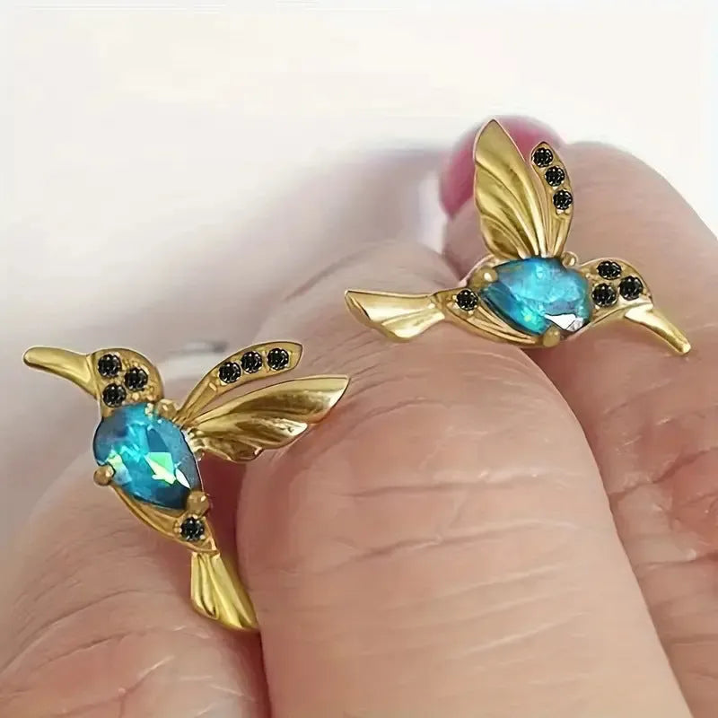 Women's bird design hanging earrings with mixed zirconium wings in blue, red and red lvzuan colours