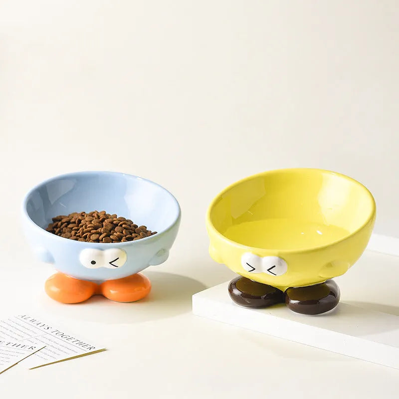 Blue oblique tall ceramic bowl for cat or dog food, designed for cervical spine support.