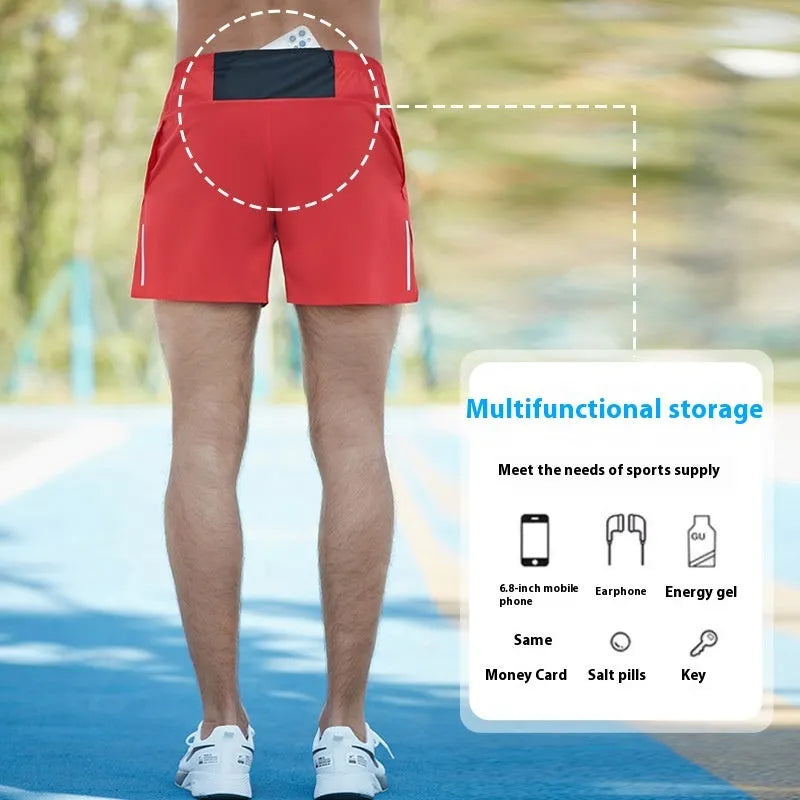 Men's black off-road running shorts with high waist and loose fit for marathon running.