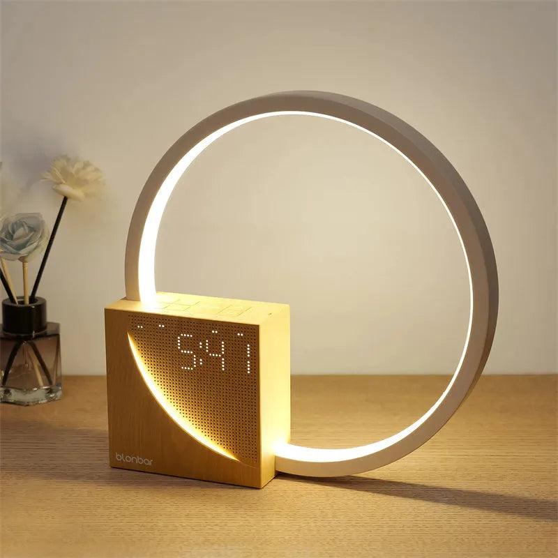 Touch-control bedside lamp with digital alarm clock display and wooden finish