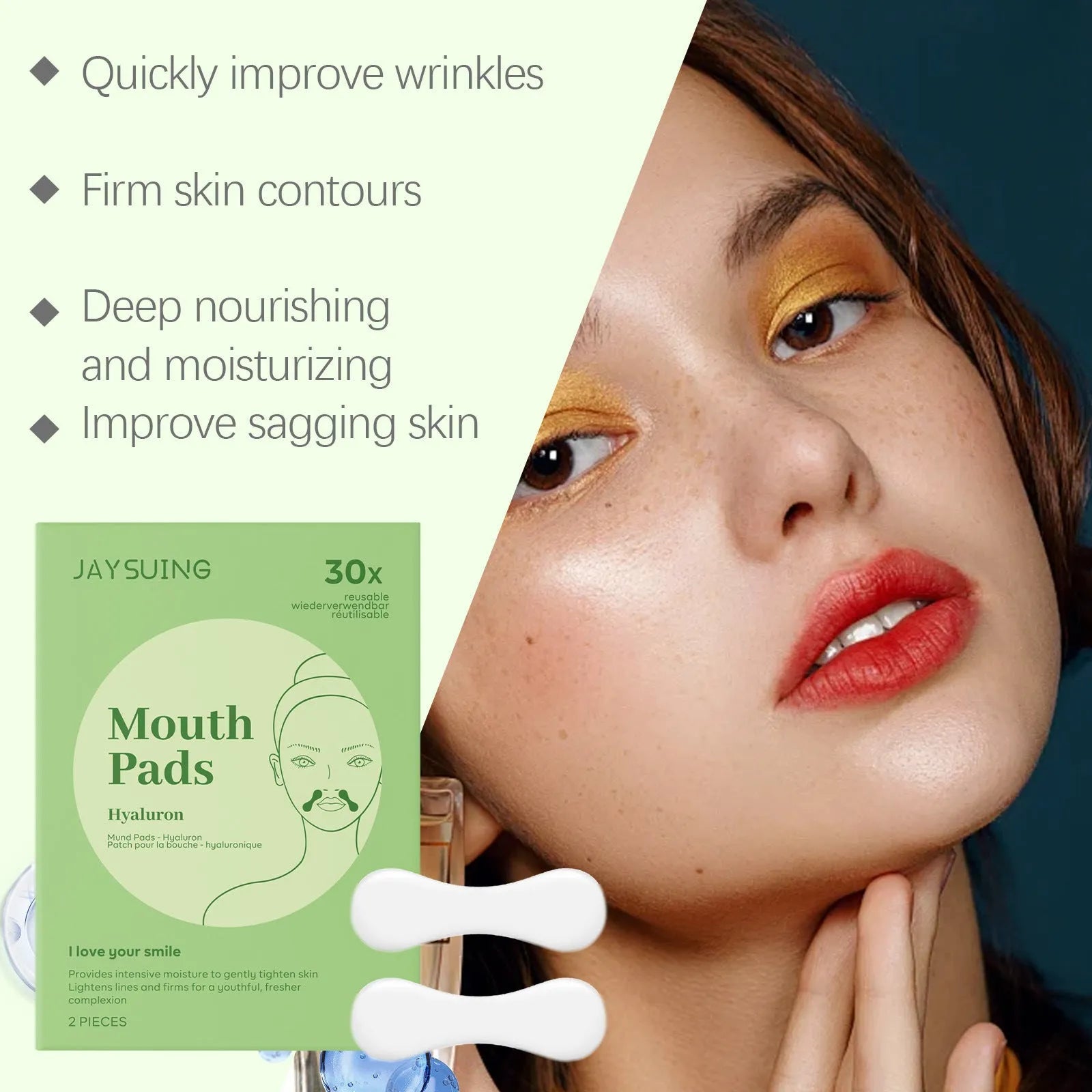 Two rectangular collagen and hyaluronic acid facial patches for skin firming care