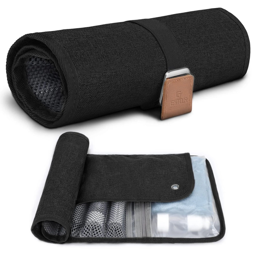 Men's black portable PU travel wash bag with toiletry items inside.