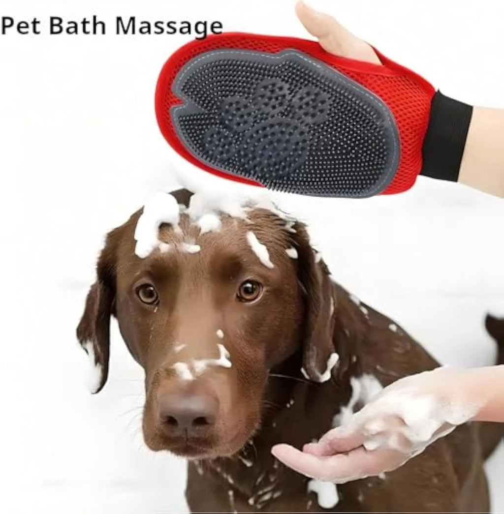 Red waterproof pet bathing glove with integrated brush bristles for grooming and cleaning dogs and cats.