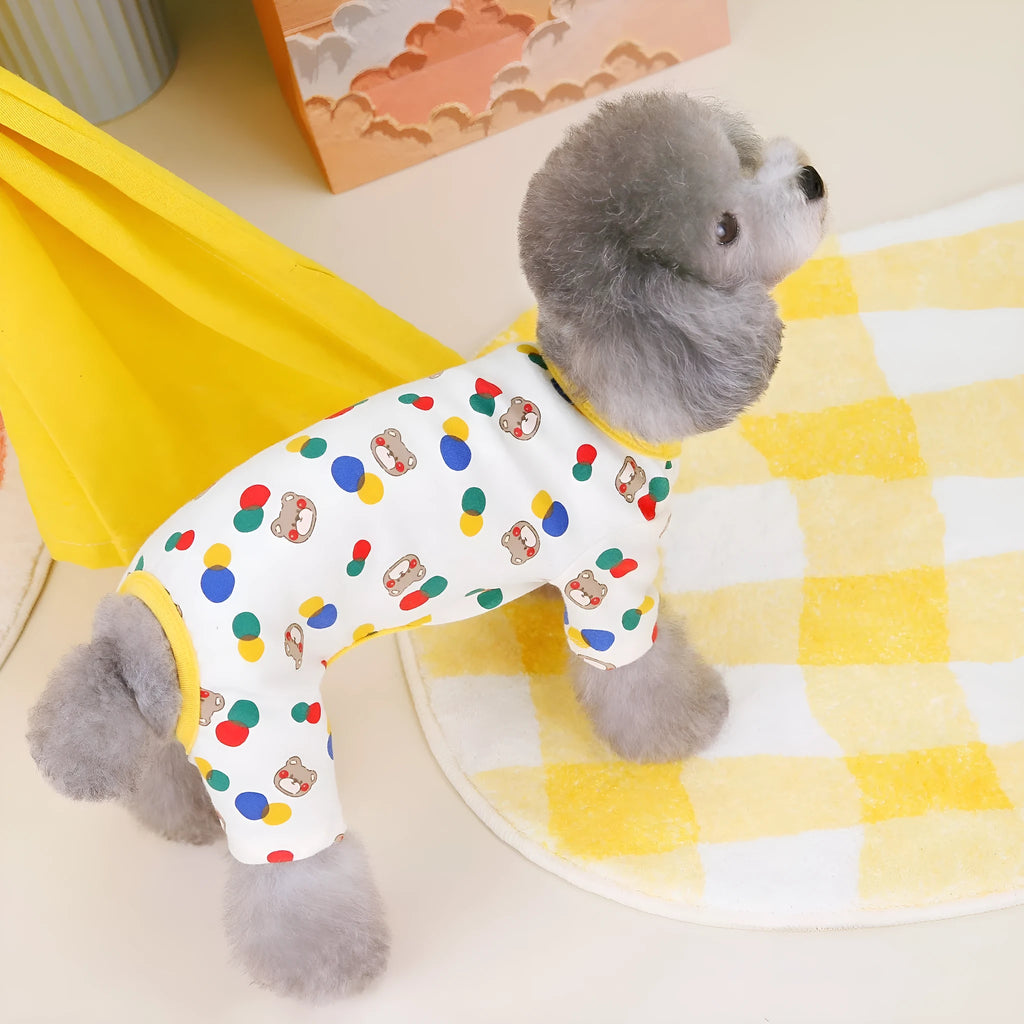 Dog wearing colourful ball bear costume in beige cotton spandex blend fabric
