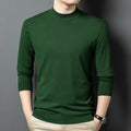 Men's grey wool round neck long sleeve pullover sweater on a hanger