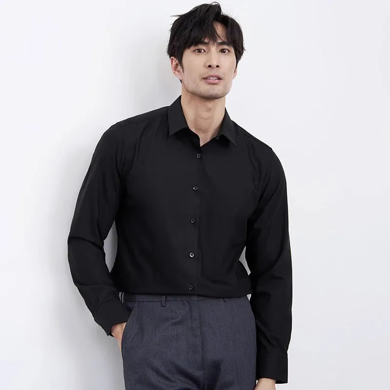 Men's wine red slim fit cardigan shirt with long sleeves on a hanger.