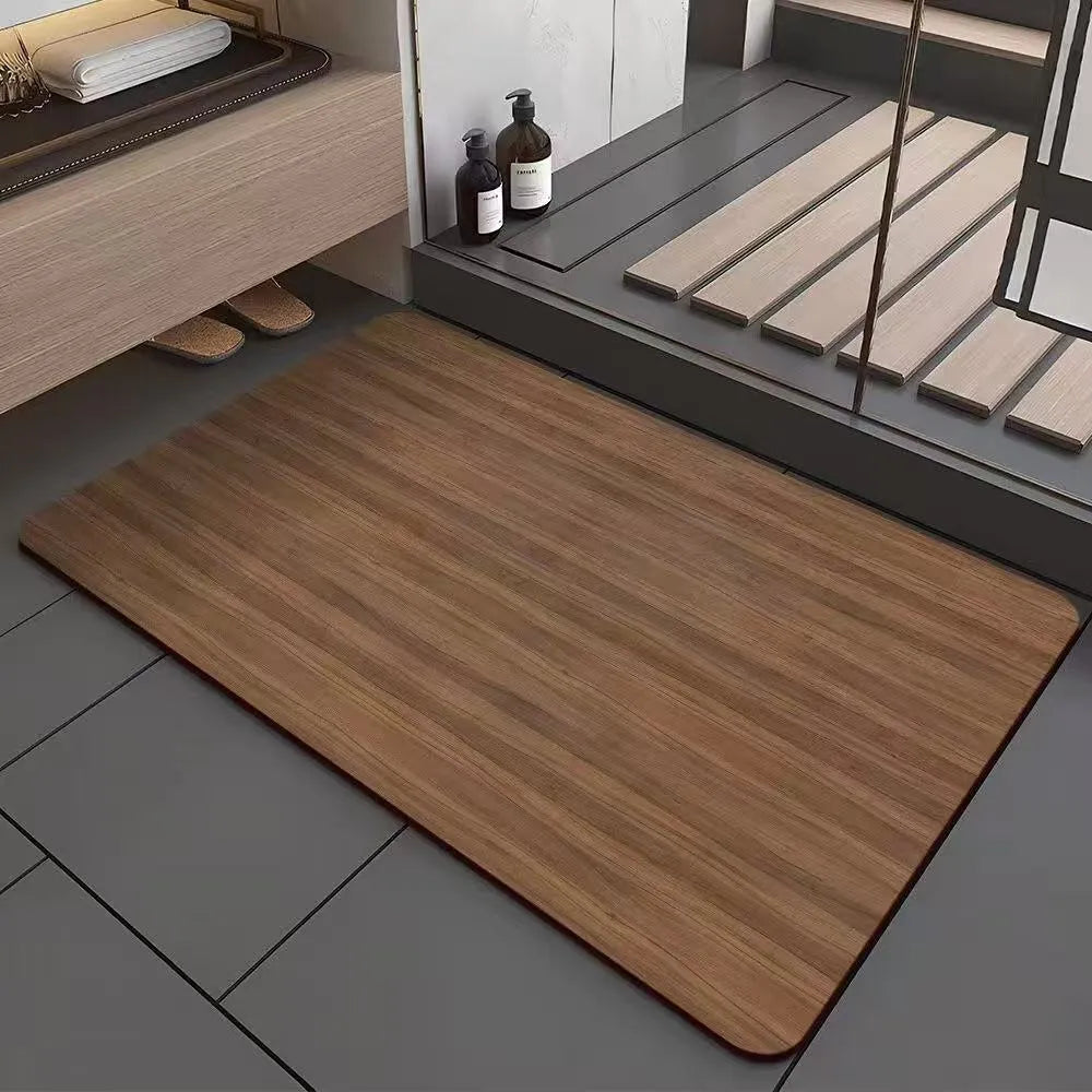 Square American wood grain patterned diatom ooze bathroom floor mat with non-slip backing.