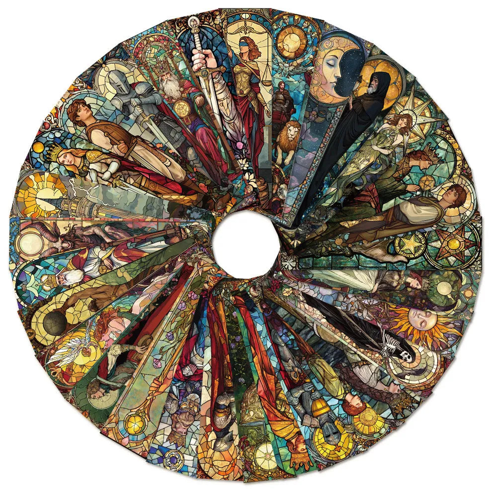 Set of 30 colourful hand-painted tarot card design paper bookmarks laid out flat.