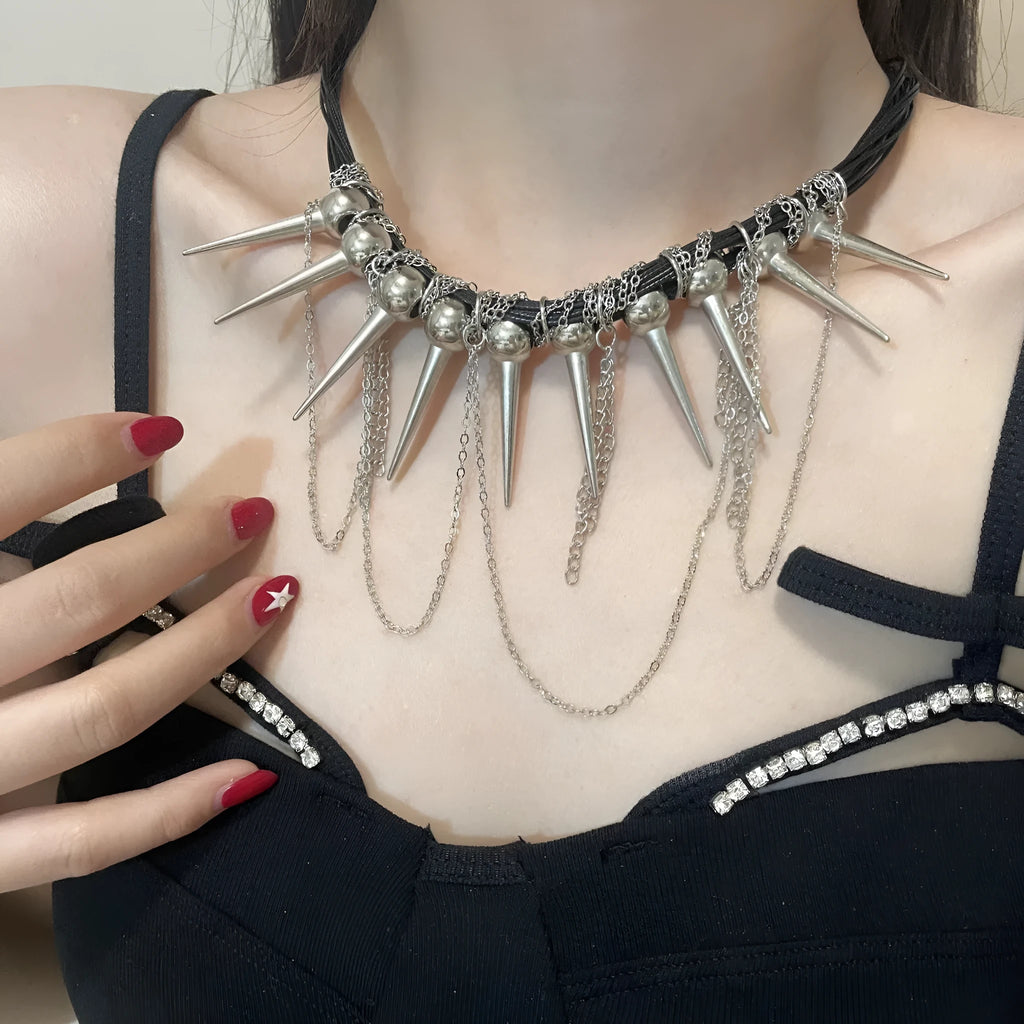 Women's casual leather necklace with round electroplated rivet beads and winding tassel detail