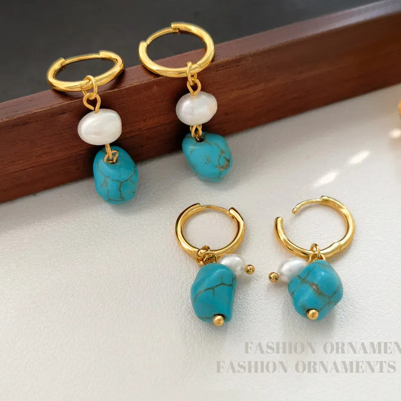 Irregular turquoise cultured pearl clip earring set with geometric copper design