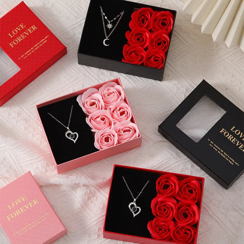 Red soap flower gift box set with six roses and a handbag for Valentine's Day.