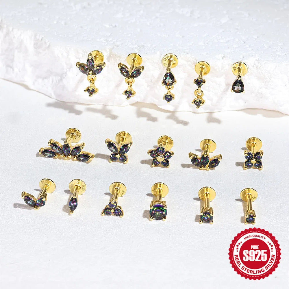 S925 sterling silver flat head thread piercing with rainbow stone in gold colour options