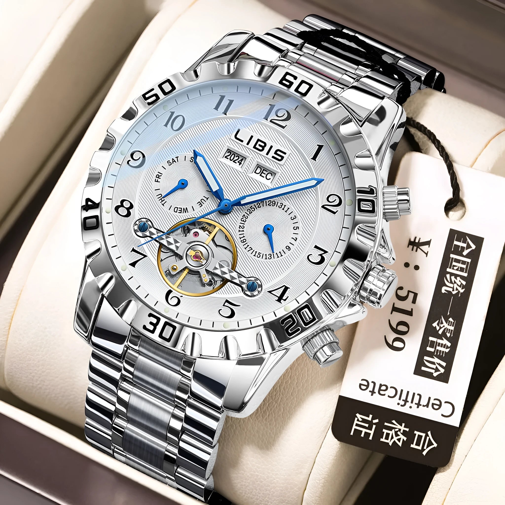 Silver men's automatic perpetual calendar mechanical watch with stainless steel strap